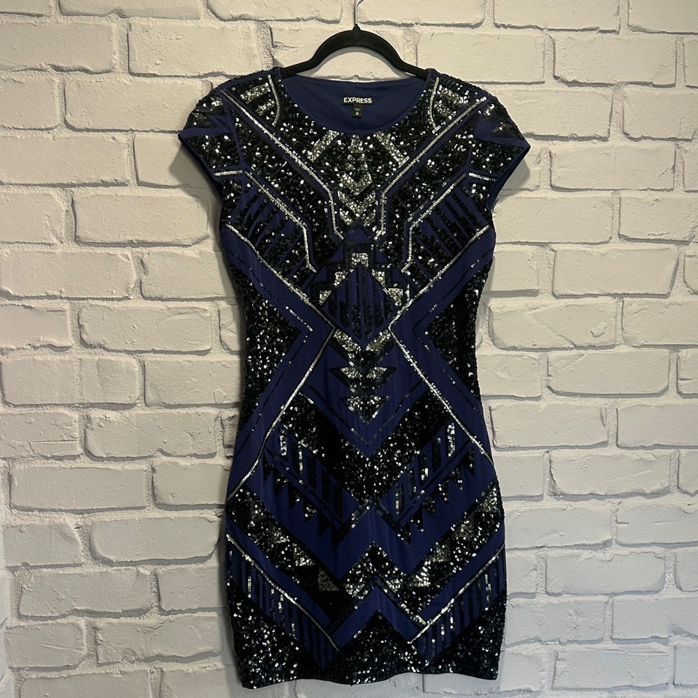 NEW Express Navy and Silver Sequin Mini Dress size M
